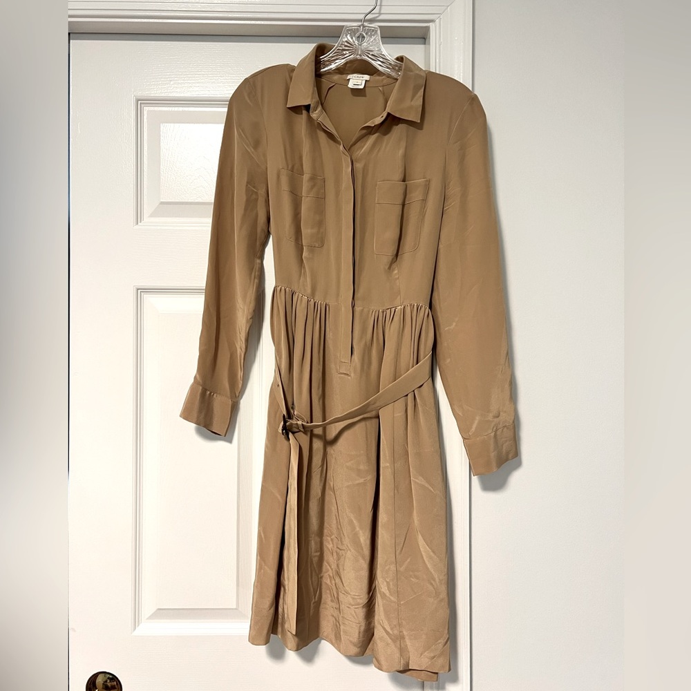 Khaki 100% silk Jcrew shirt dress with leather buckle belt size 2